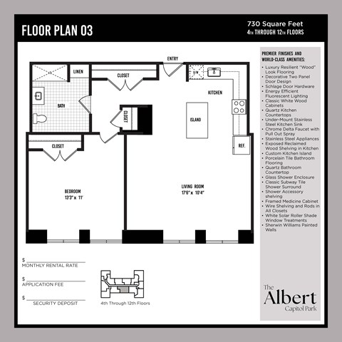 Floor plan for 1 bed, 1 bath, 730 sqft